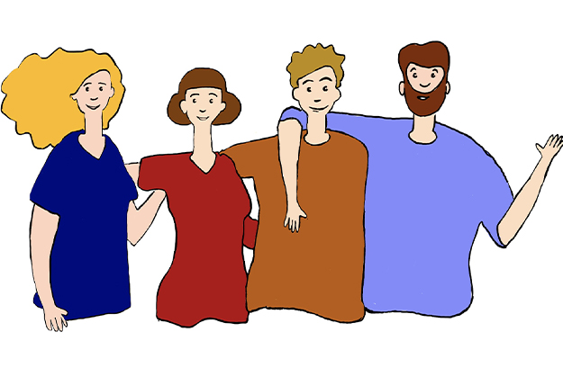 Ilustration av fyra personer som håller om varandra