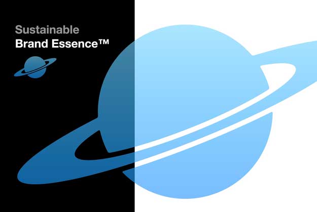 En blå planet med text Sustainable brand essence